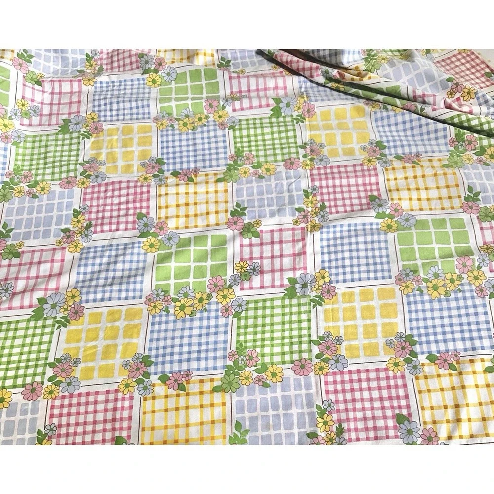 VTG Flat Sheet 70's Cannon Monticello Colorful Patchwork Gingham Floral 90x104